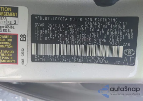 2011 Toyota Corolla Le из США, поврежденный, VIN 2T1BU4EE6BC543273